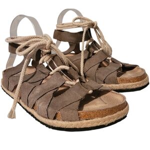 Free People Taupe Suede Gladiator Rope Lace-up Jute Sandals EU 40 US 10 Boho